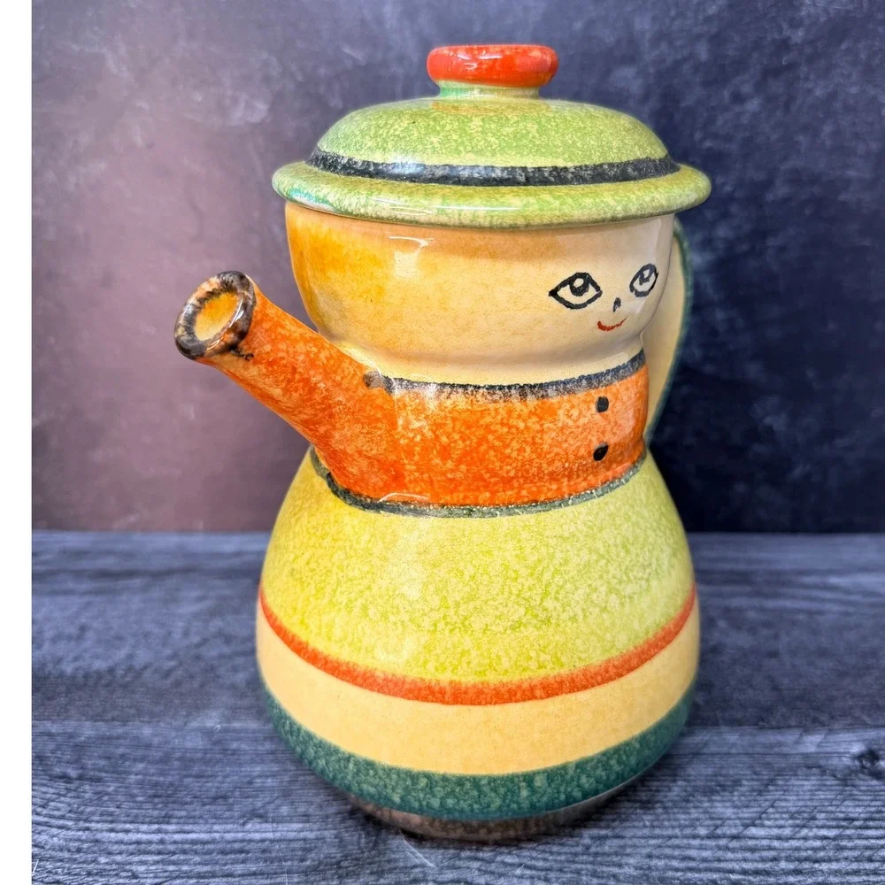 Italica Ars Teapot Vintage Hand Painted Ceramic Striped Italy 8in Face Whimsical